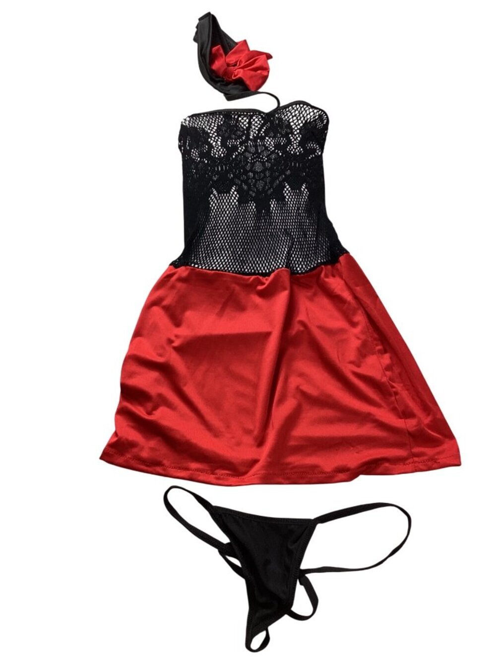 Black & Red Lace Fishnet Dress*Thong*Halloween*Cosplay*Femboy*Sissy*Costume*NIP